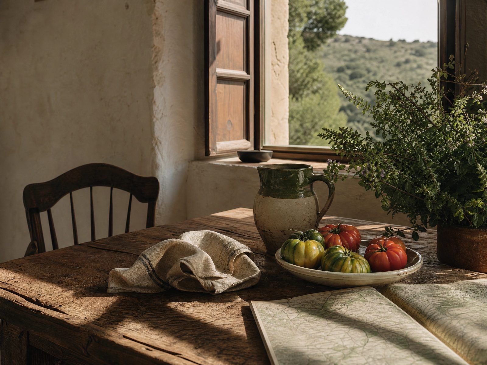 Mesa de una casa rural con cerámica y luz natural